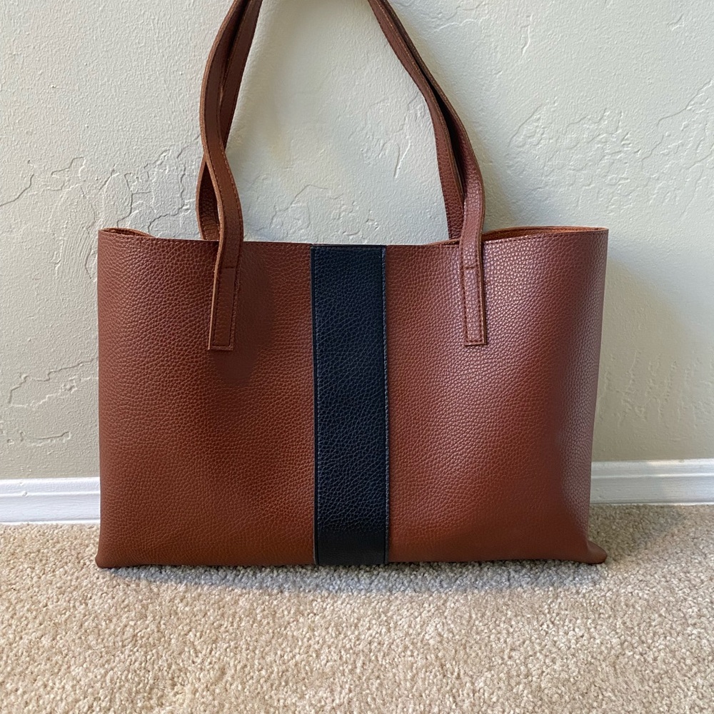 Vince Camuto Elegant Brown Vegan Leather Luck Tote with Black Stripe